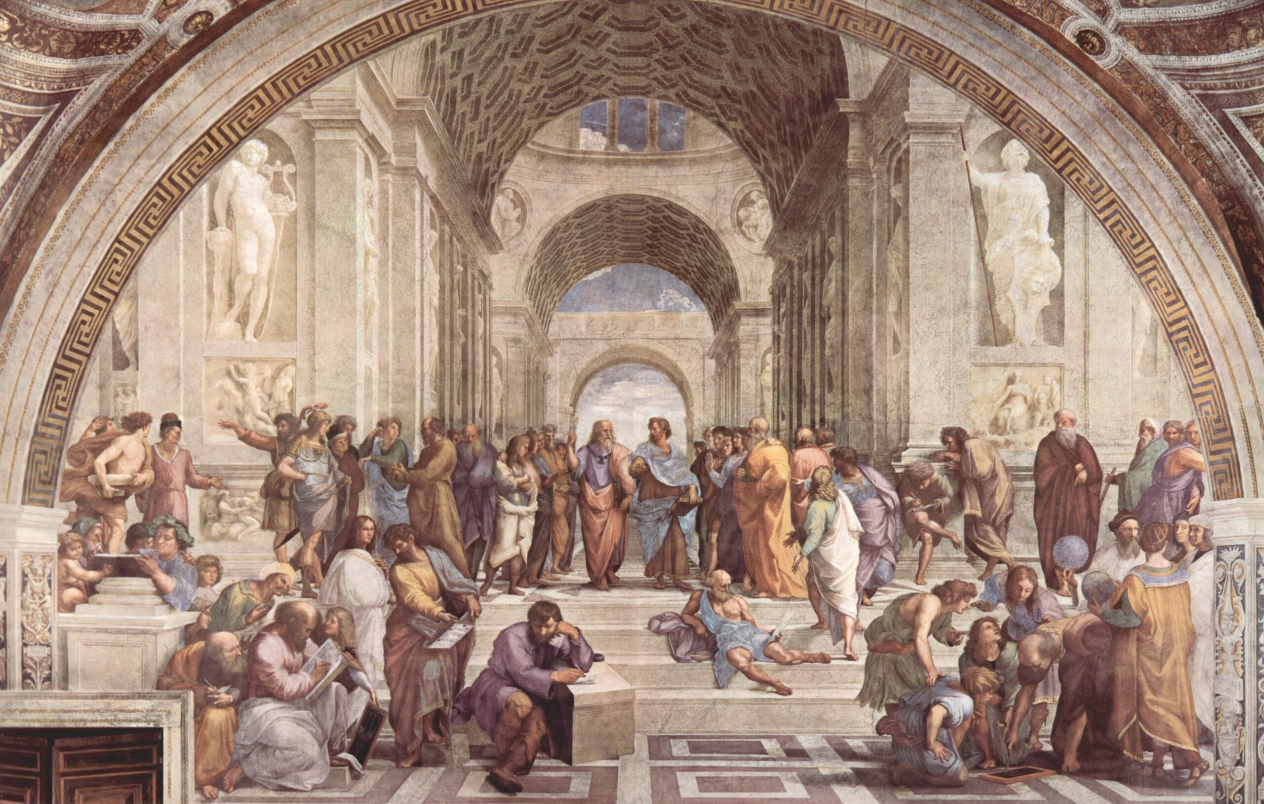 The School of Athens by Rahphael displaying multiple philosophers, mathematicians, and scientists, such as Plato and Aristotle.